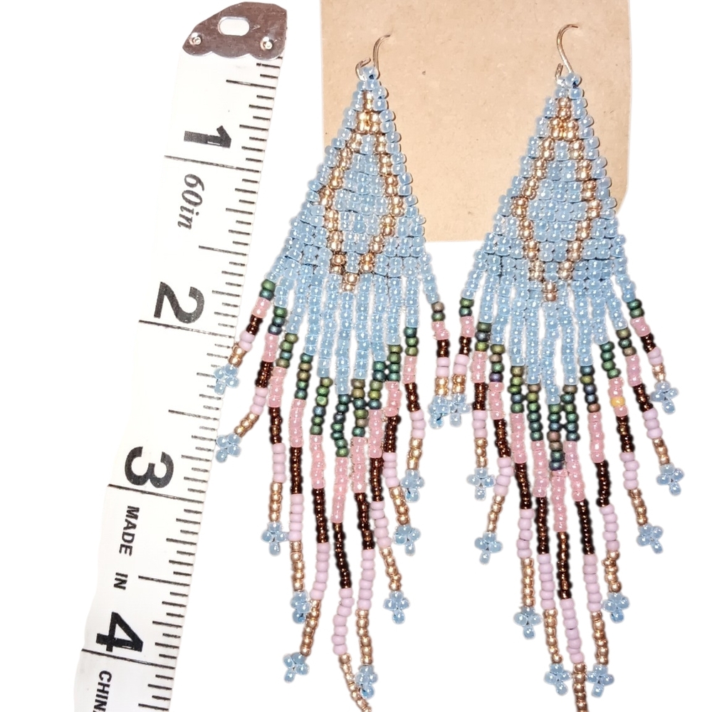 Handmade Light Blue Beaded Fringe Earrings by